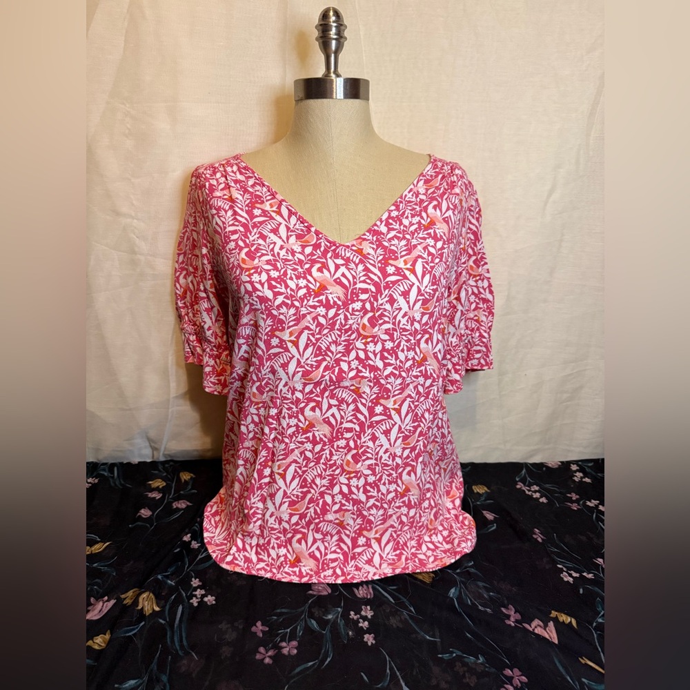 LOFT Pink and White Floral V-Neck Blouse